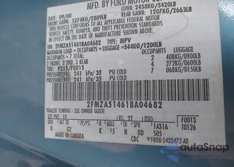 2001 Ford Windstar Lx z USA, uszkodzony, nr VIN 2FMZA51461BA04682